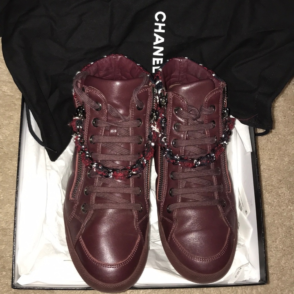 Chanel burgundy tweed CC logo 2x Zip chain - Picture 2 of 7